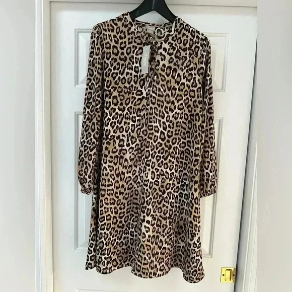 Chico Leopard-Print Long Sleeve Dress Button Tie Closure Size 0 - Picture 3 of 9